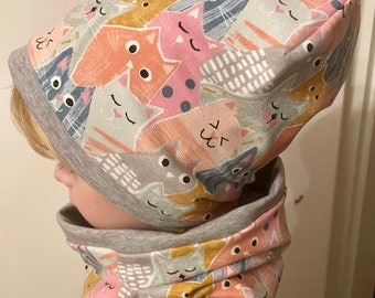 Beanie or loop headband girls CATS gray pink mustard smoke blue size. 44 46 48 50 52 54 56 58 cm scarf hat