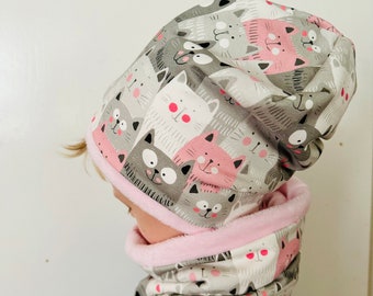Set Hat Beanie & Loop Headband Girls CATS gray pink size. 44 46 48 50 52 54 56 58 cm scarf winter alpine fleece fleece