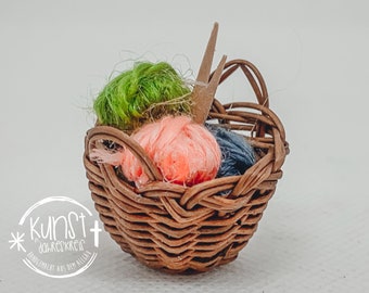 Imp fairies dolls miniature basket with wool knitting basket round small