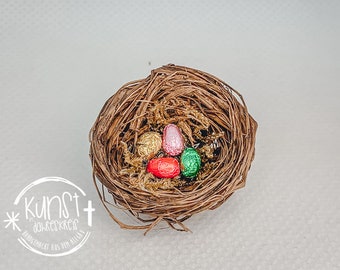 Easter eggs in the nest Osternest Grasnest wooden eggs handmade in colored stanniol paper