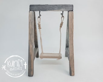 Gnome miniature swing in wooden frame, handmade fairy dolls