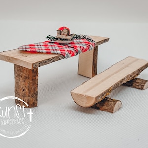 Wichtel Feen Miniatur Holztisch & Bank mit Tischläufer