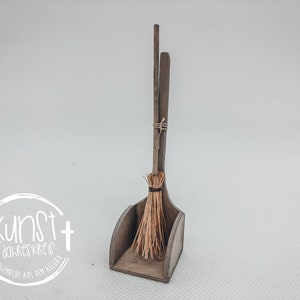 Gnome miniature broom with dustpan standing handmade