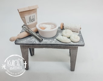 Gnome miniature baking table with accessories handmade