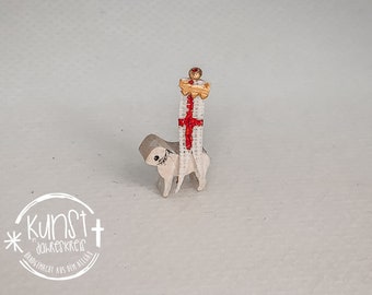 Miniatur Osterlamm mit Kreuz und Fahne Auferstehung stehend aus Holz