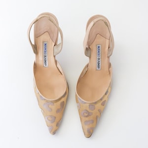 Vintage Manolo Blahnik Beige Carolyn Sheer Mesh Leopard Slingback Heels / 37.5 (US 7.5)