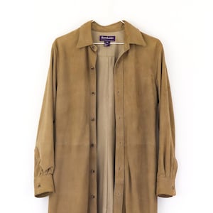 Vintage Ralph Lauren Collection Purple Label Suede Leather Dress Shirt Coat Midi Sz 10 / M