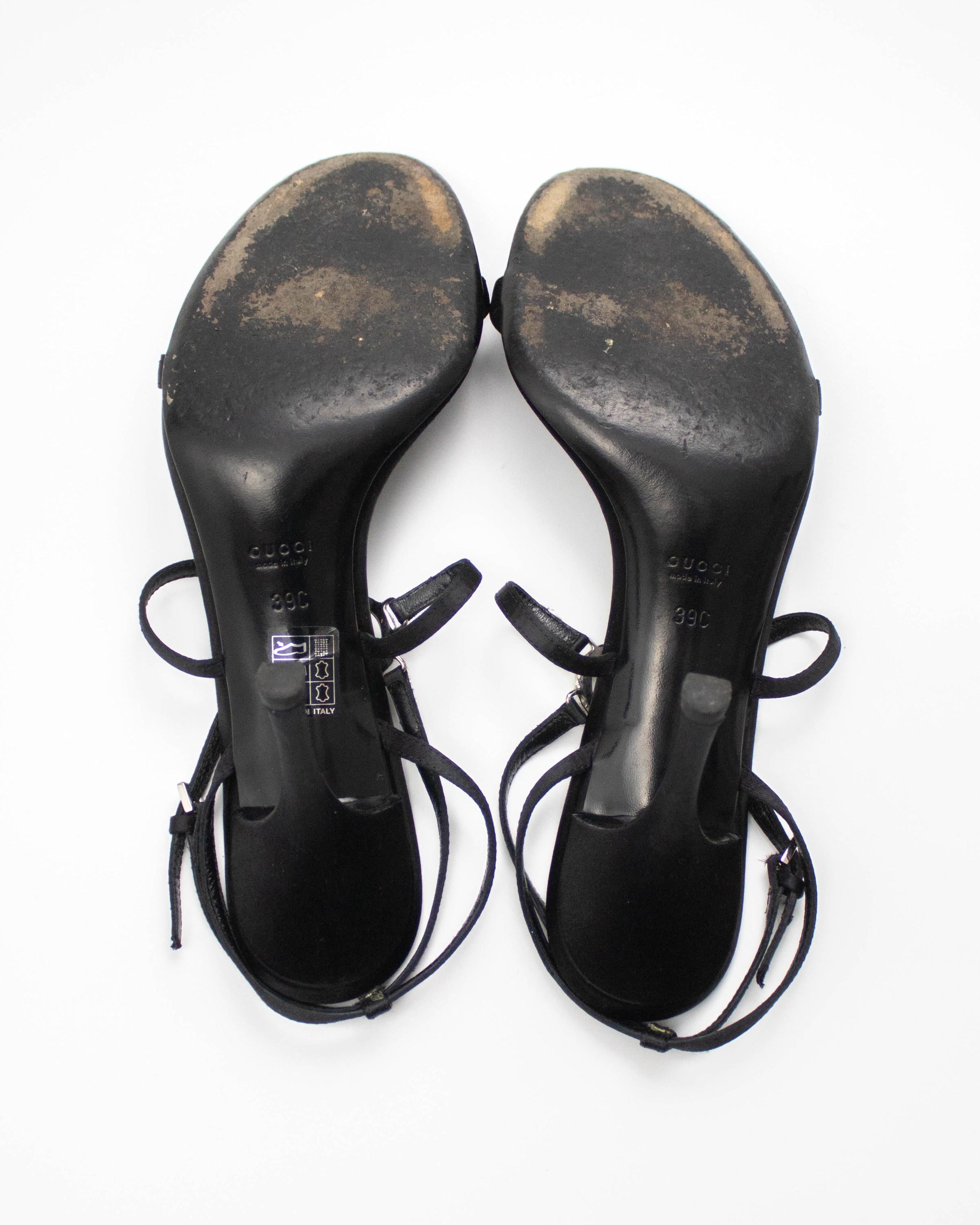 Vintage Gucci Black Satin Interlocking G Logo Sandals / 39 (US 9