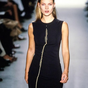 Vintage F/W 1997 Calvin Klein Collection Black Satin Dress Gold Line Detail / XS