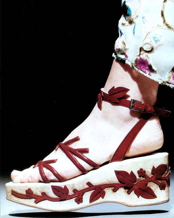 Vintage S/S 1997 Prada Red Floral Vine Leaf Runway Sandals / 36