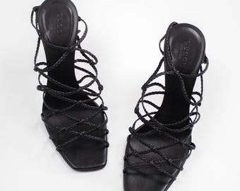 Vintage F/W 2002 Gucci Black Braided Leather Stiletto Sandals / 37