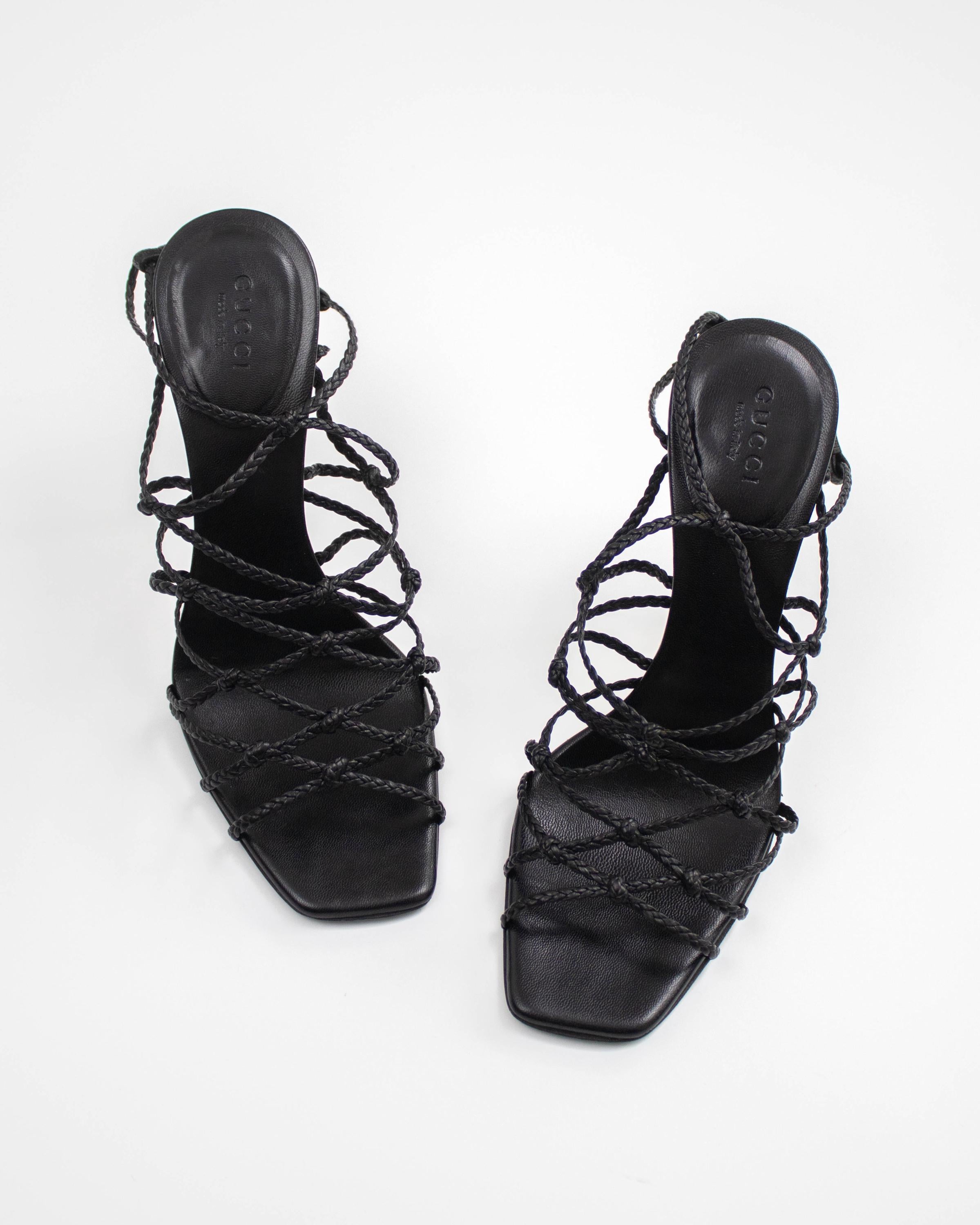 Vintage F/W 2002 Gucci Black Braided Leather Stiletto Sandals / 37