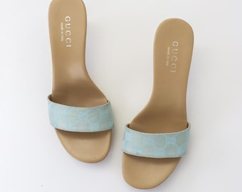 靴 Gucci Beige bow GG mules Vintage Gucci Beige Canvas GG Monogram Mules Leather Bow