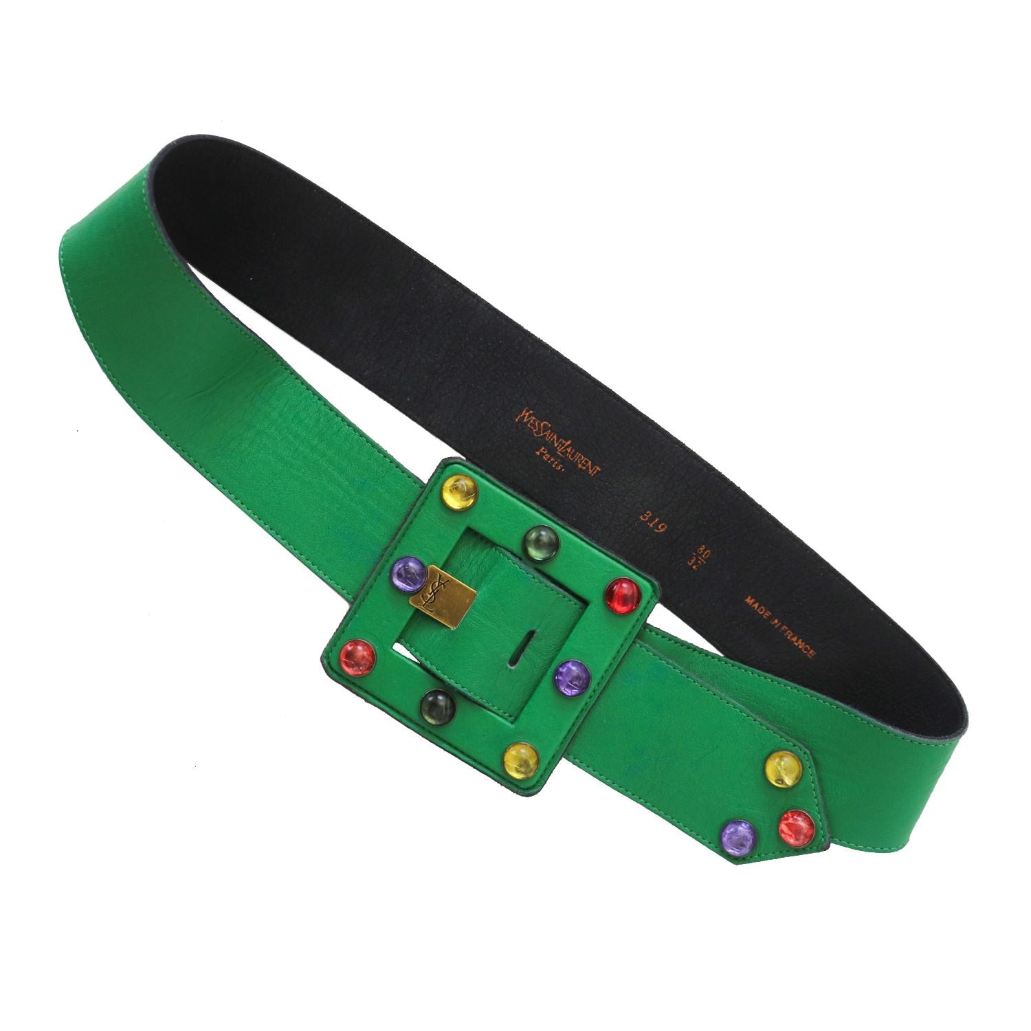 Vintage 1980s Yves Saint Laurent Jewelled Wide Leather Belt 