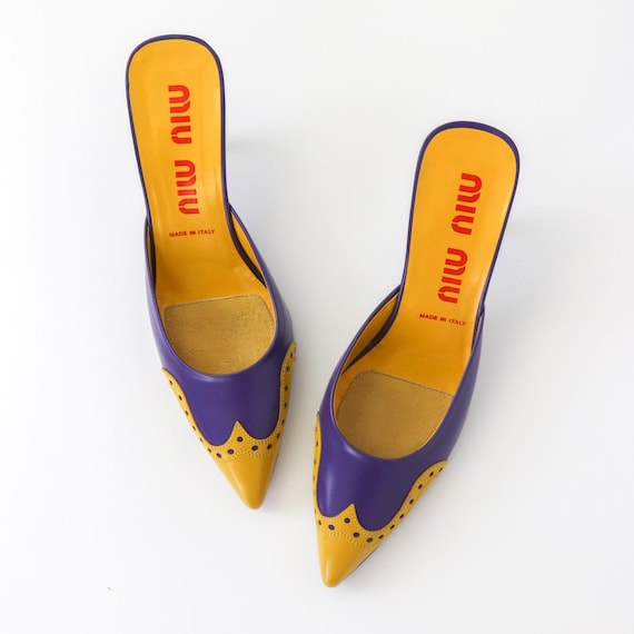 Vintage Miu Miu Prada Purple Yellow Leather Western Mules Pointed