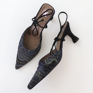 Vintage Muxart Barcelona Pointed Toe Mules Lace Up Kitten Heels Glitter EU 37