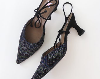 Vintage Muxart Barcelona Pointed Toe Lace Up Kitten Heel Mules / 37