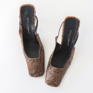 Vintage F/W 1999 Dolce&Gabbana Brown Python Leather Snakeskin Slingback Heels Square Toe Mules / 40 (US 10)