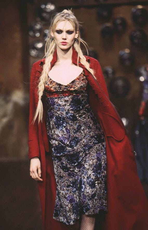 Vintage F/W 1997 Rifat Ozbek Burnout Velvet Floral Print Runway Dress / IT 42 (S-M)