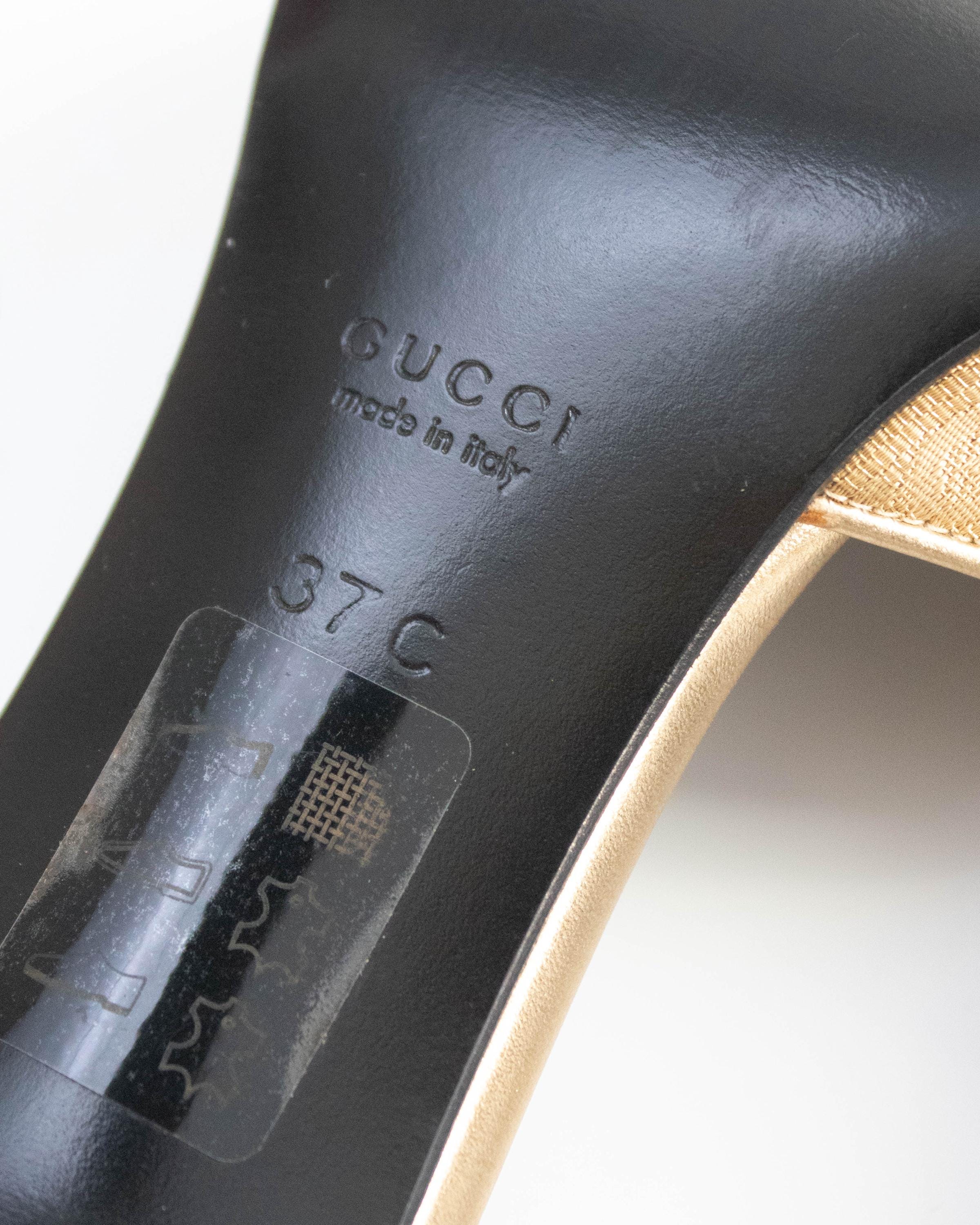 Vintage Gucci by Tom Ford Gold Monogram Canvas Mule Heels / 37 (US