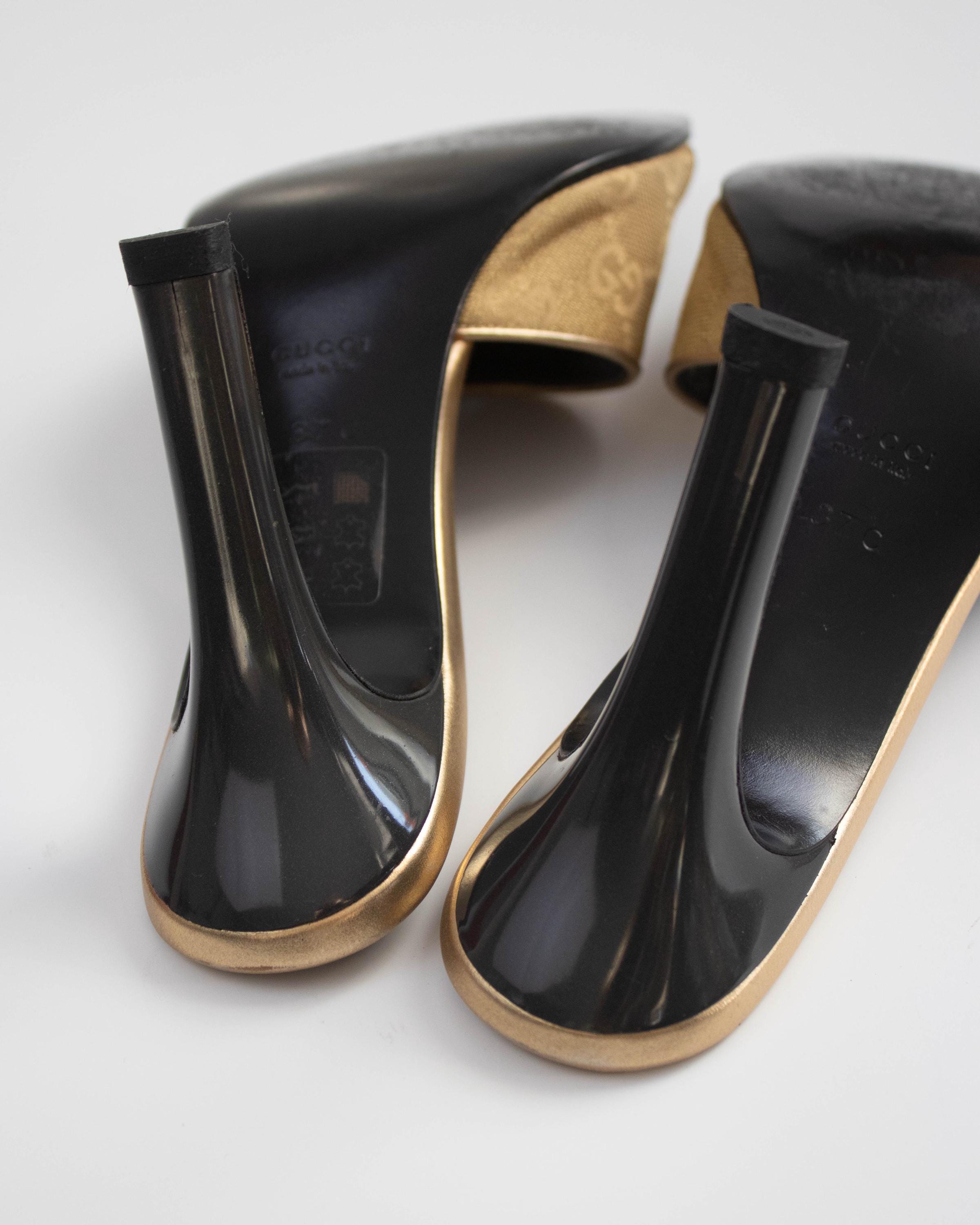 Vintage Gucci by Tom Ford Gold Monogram Canvas Mule Heels / 37 (US