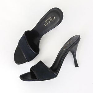 Vintage Gucci GG Black Monogram Canvas Mules Heels 90s Minimalist 37.5 / US 7.5