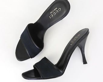 Vintage Gucci GG Black Monogram Canvas Mules Heels 90s Minimalist 37.5 / US 7.5
