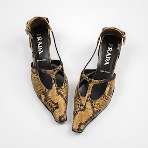 Vintage S/S 2000 Prada Python Snakeskin T-Bar Kitten Heels / 37.5 (US 7.5)