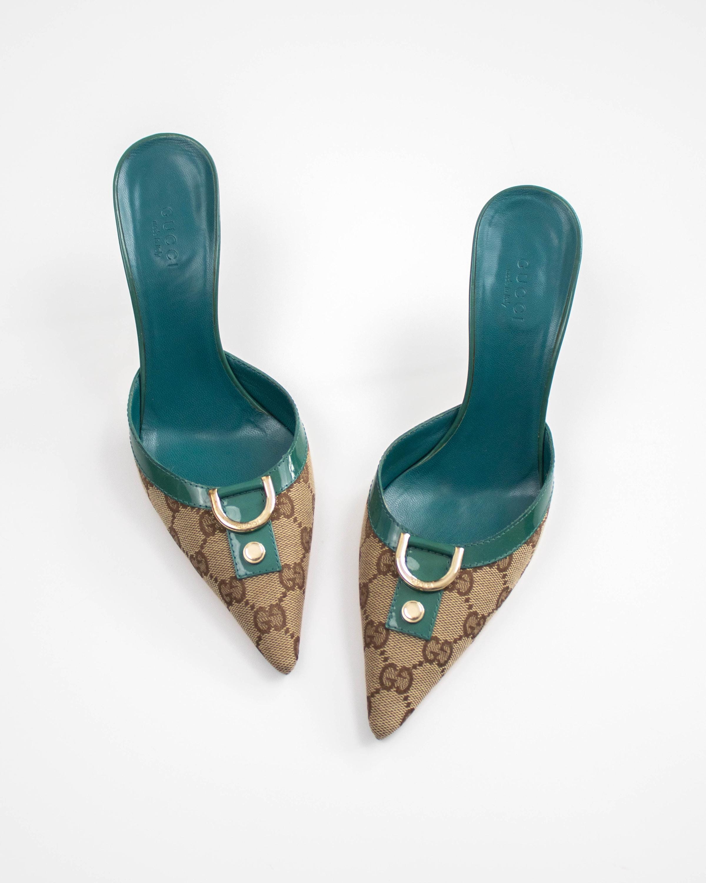 Vintage 2000s Gucci Classic Monogram Turquoise Mule Heels / 36.5
