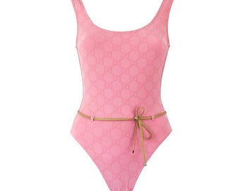 Vintage 1999 Gucci by Tom Ford Pink Monogram Swimsuit Bodysuit / XS