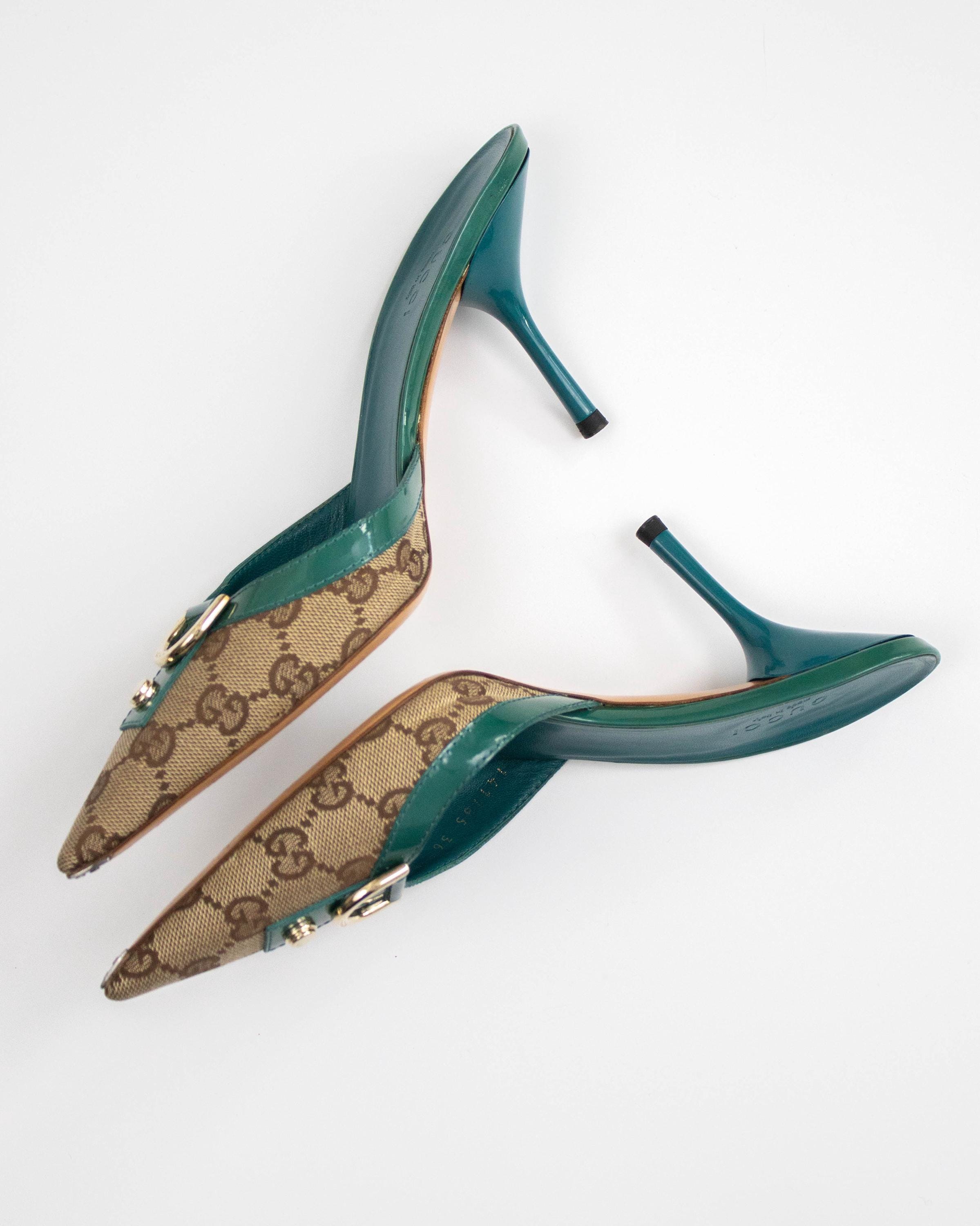 Vintage 2000s Gucci Monogram Turquoise Mule Heels / 36.5 (US 6.5