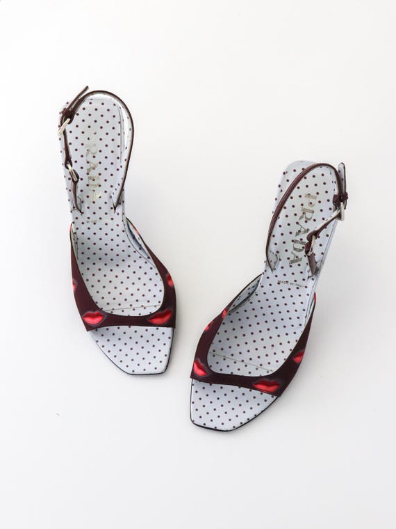 Vintage S/S 2000 Prada Polka Dot Burgundy Lips Print Sandals Heels