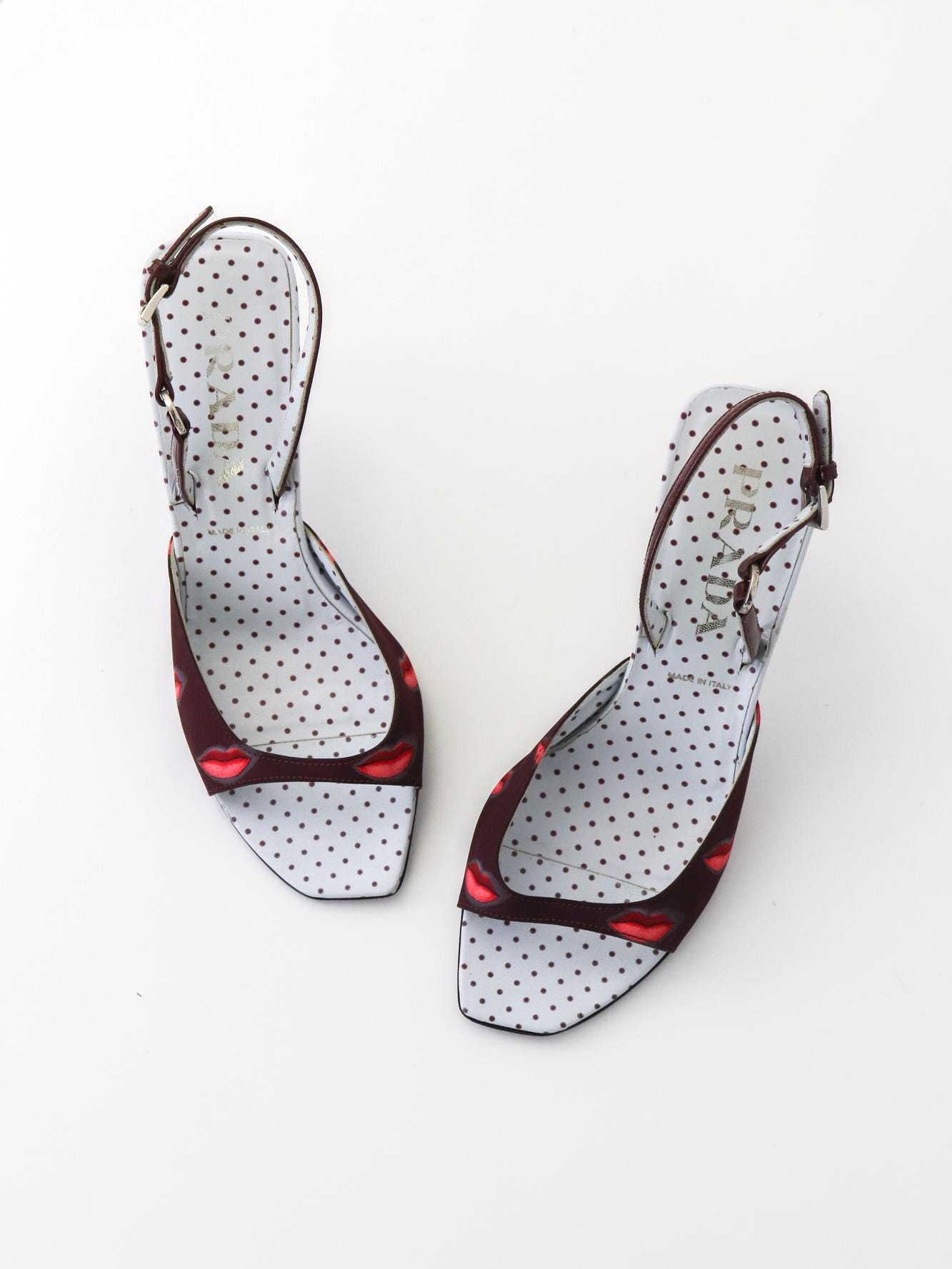 Vintage S/S 2000 Prada Polka Dot Burgundy Lips Print Sandals Heels