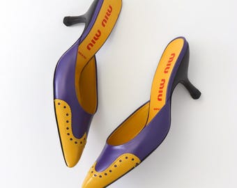Vintage Miu Miu Prada Purple Yellow Leather Western Mules Pointed