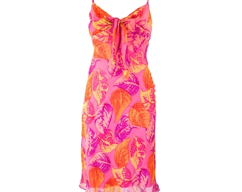 Vintage S/S 2001 Betsey Johnson Pink Floral Print Silk Dress Midi Tie Front Made in Italy / XS