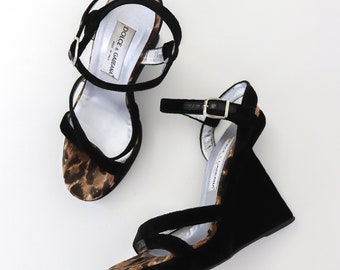 Vintage 1998 Dolce&Gabbana Velvet Wedge Platform Sandals Leopard Trim / 38