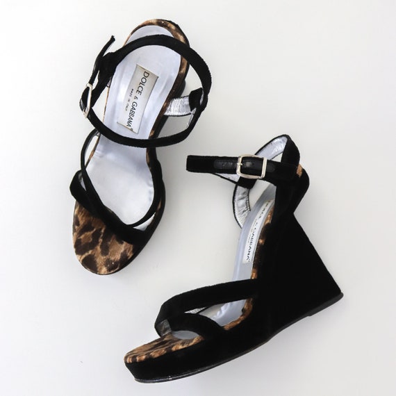 Vintage 1998 Dolce&gabbana Velvet Wedge Platform Sandals Leopard