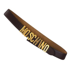 Vintage 1990s Moschino Redwall Brown Leather Belt Gold Letters Sign / IT 44 (M)