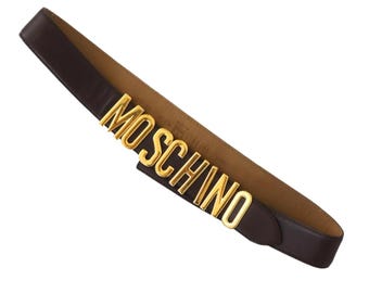 Vintage 1990s Moschino Redwall Brown Leather Gold Letters Belt / M