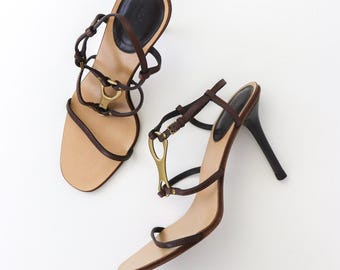 Vintage Gucci by Tom Ford Braun Strappy Heels Horsebit Logo / 37 (US 7)
