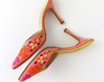 Vintage Manolo Blahnik Suede Floral Patchwork Pointed Toe