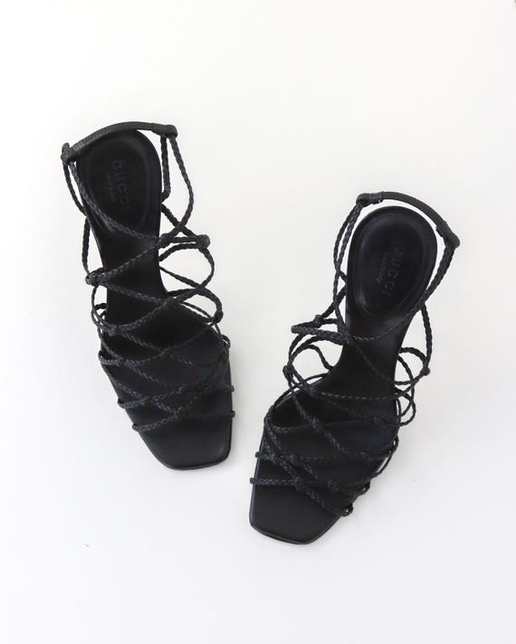 GUCCI トムフォード レザーサンダル Vintage F/W 2002 Gucci Black Braided Leather Stiletto Sandals / 36