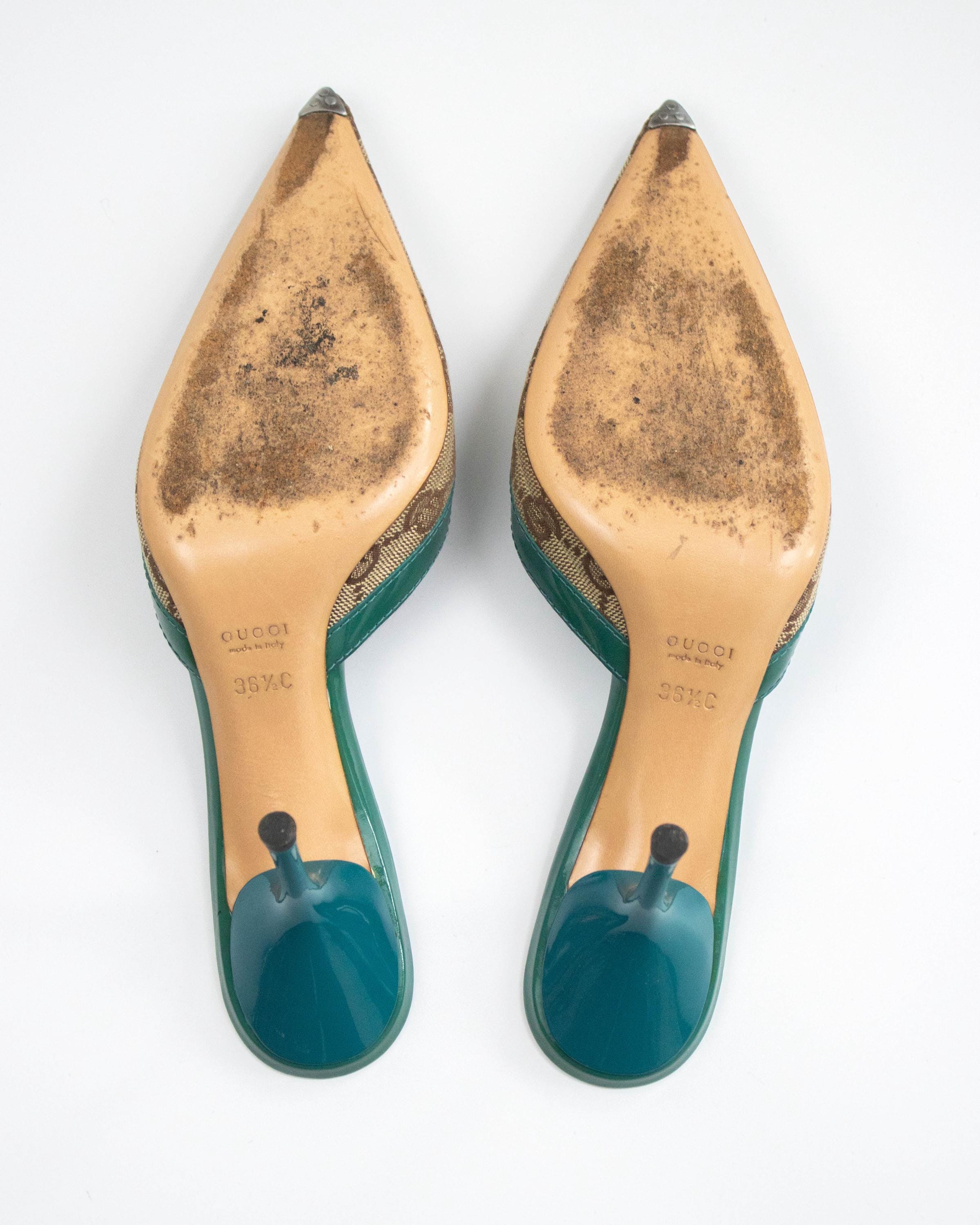 Vintage 2000s Gucci Monogram Turquoise Mule Heels / 36.5 (US 6.5