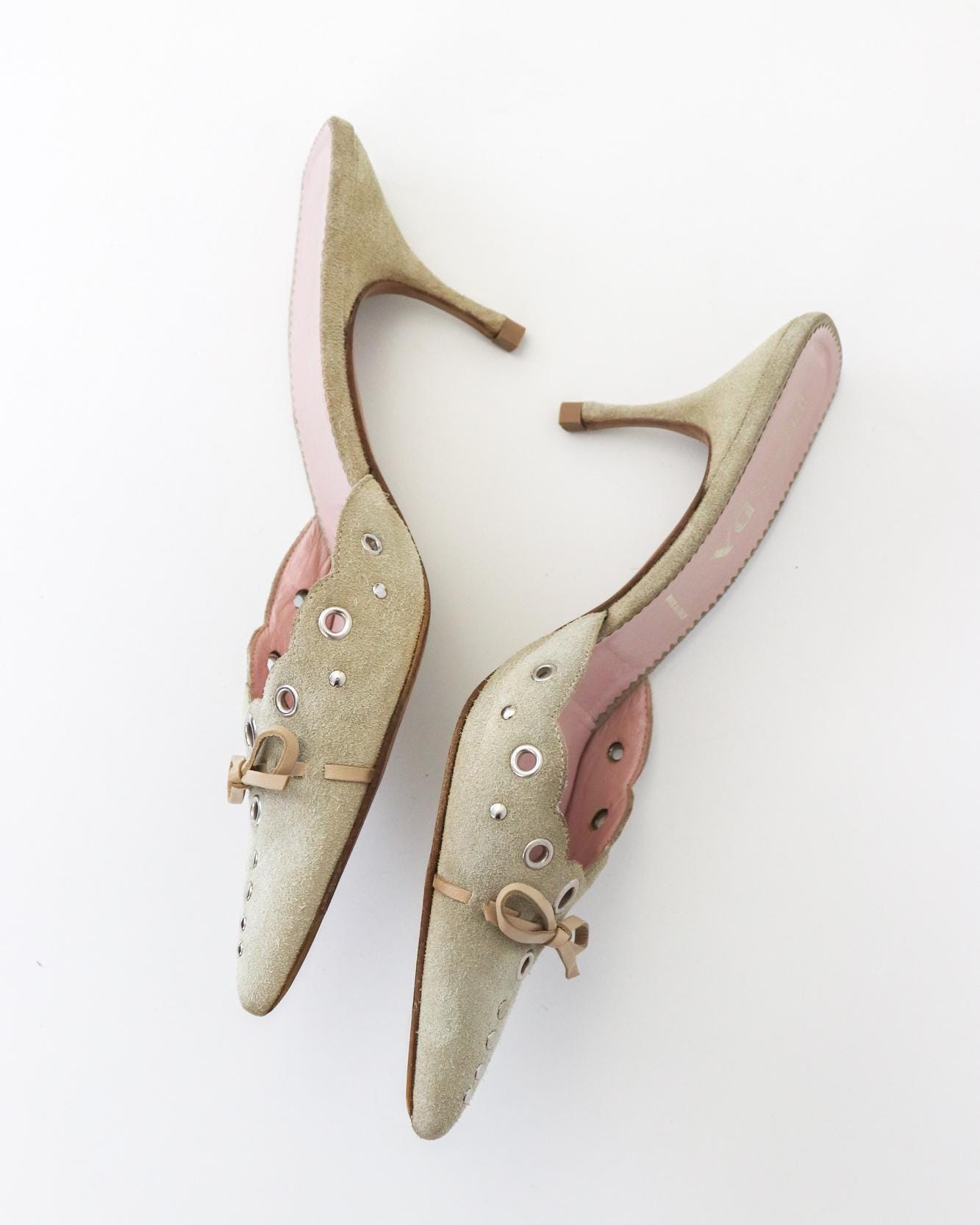 Vintage Prada Iconic Beige Suede Eyelet Bow Mule Heels / 37 (US 7