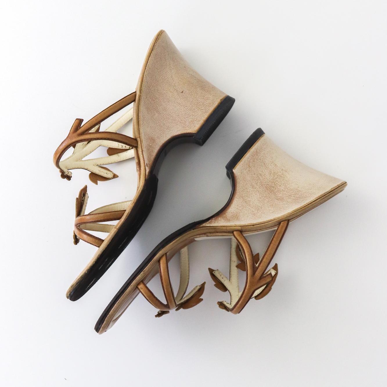 Vintage S/S 1997 Prada Leather Wedge Heels Floral Vine Leaf