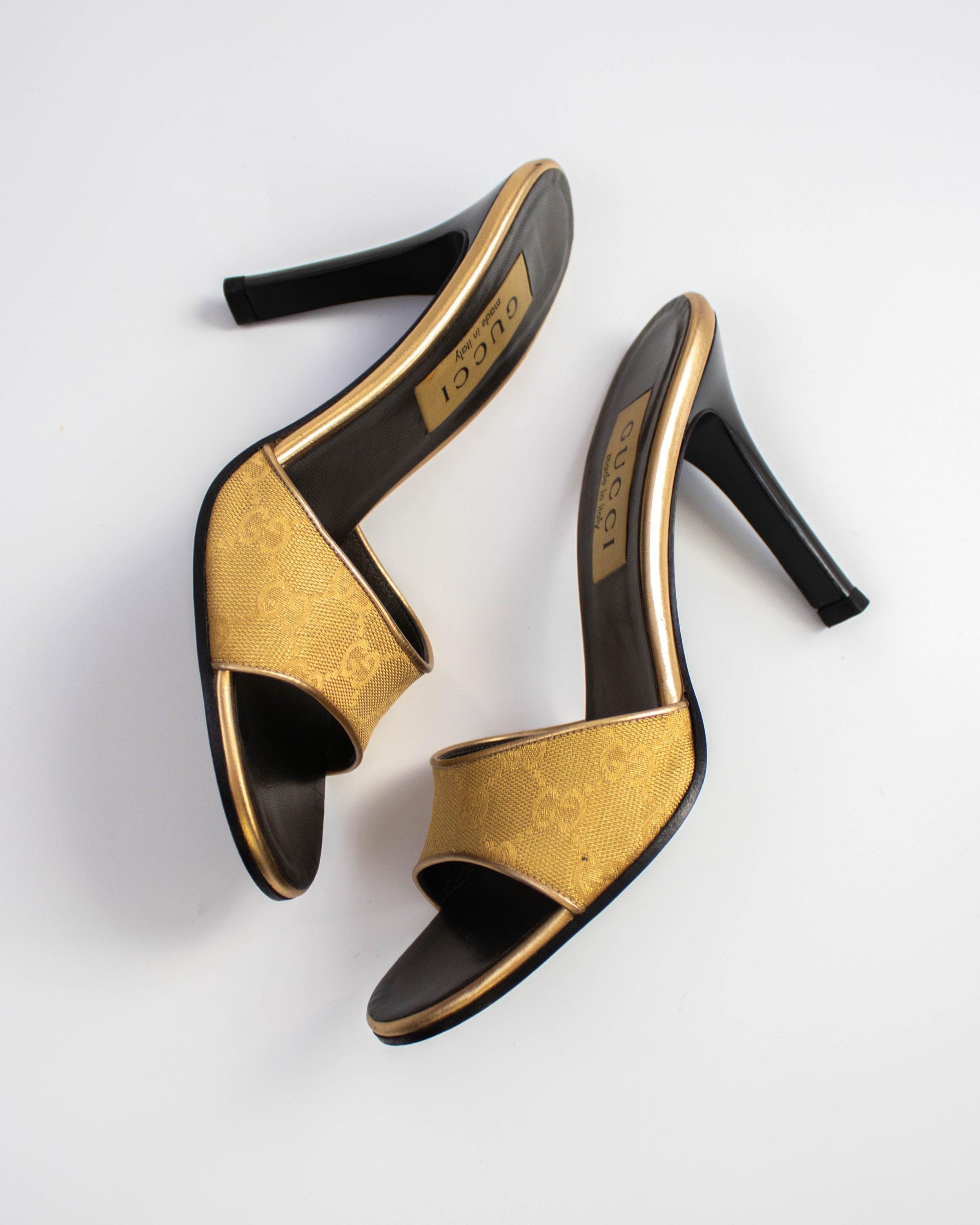 Vintage Gucci by Tom Ford Gold Monogram Canvas Mule Heels / 37 (US