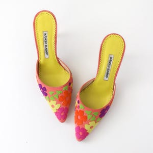 Vintage Manolo Blahnik Suede Floral Patchwork Pointed Toe Mules Heels / 36 (US 6)