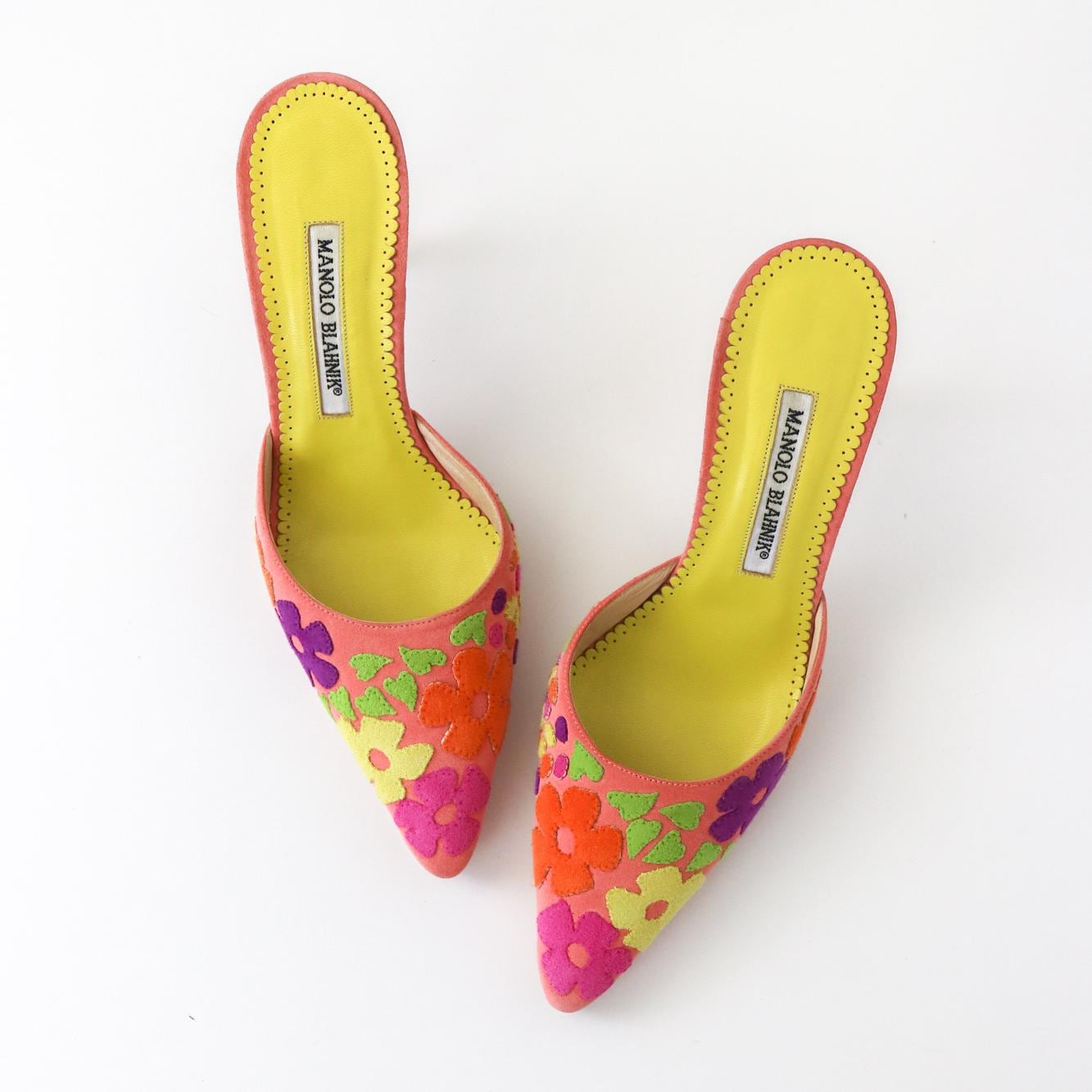 【MANOLO BLAHNIK】suede-trimmed floral-print cotton mules Manolo Blahnik Suede Floral Print Maysale Buckle Pointed Toe