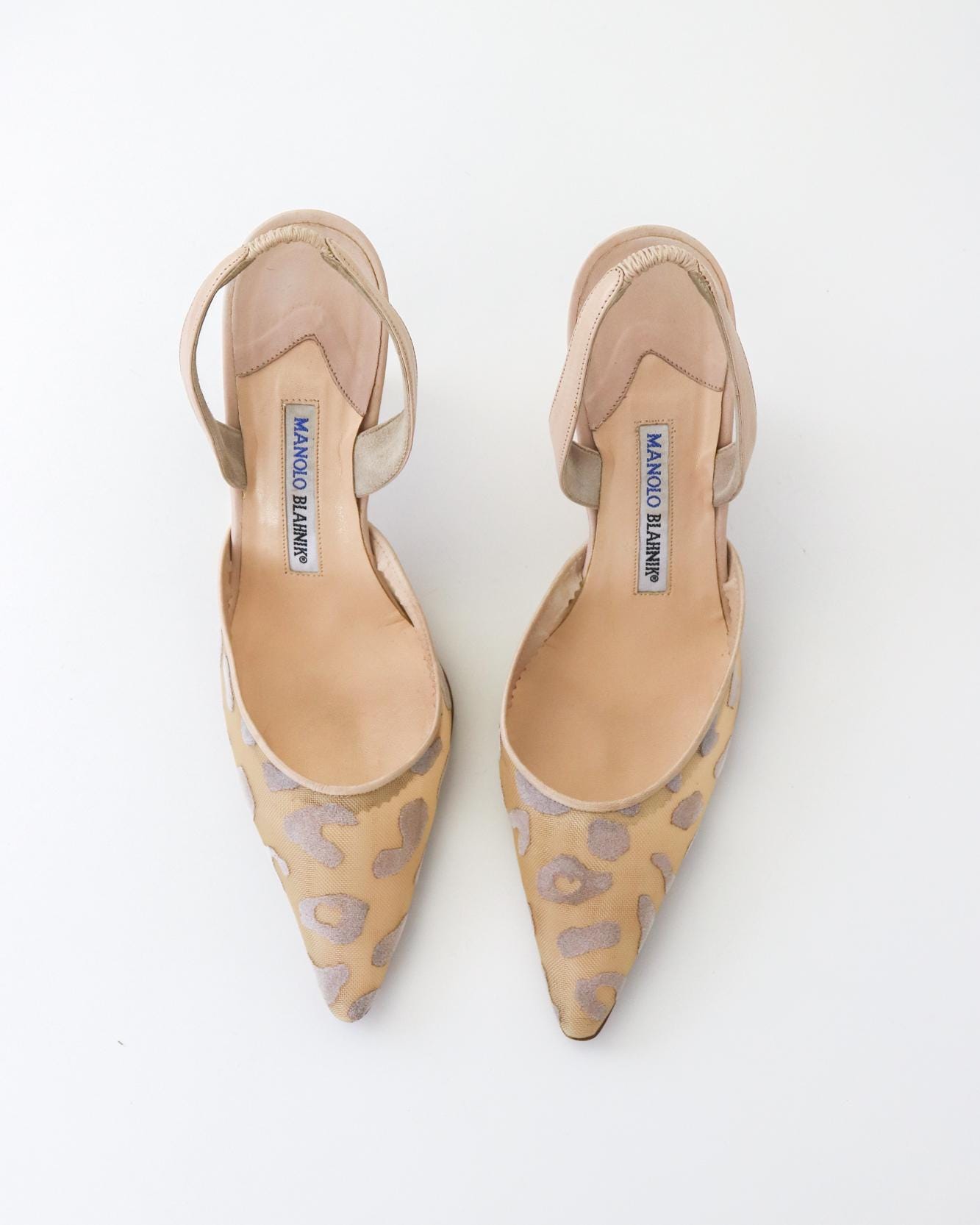 Vintage Manolo Blahnik Beige Carolyn Sheer Mesh Leopard Slingback Heels / 37.5 (US 7.5)