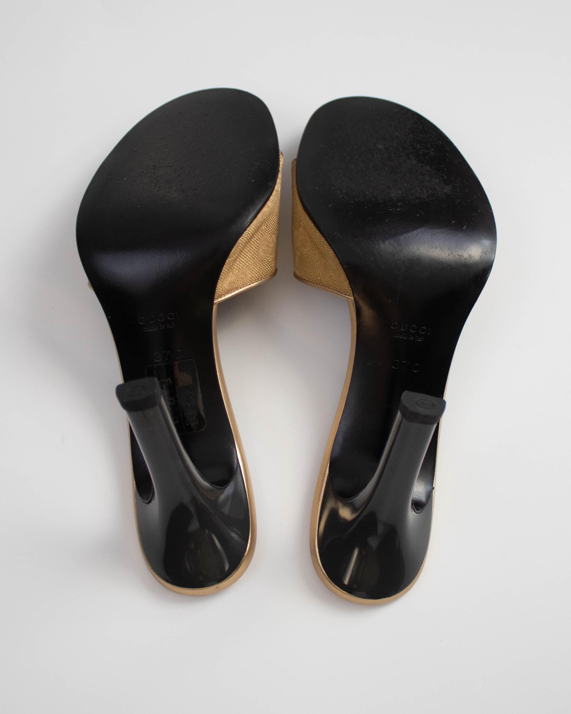 Vintage Gucci by Tom Ford Gold Monogram Canvas Mule Heels / 37 (US